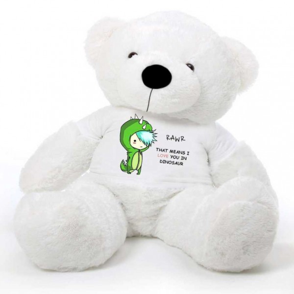 White 5 feet Big Teddy Bear wearing a Green RAWR I Love You T-shirt